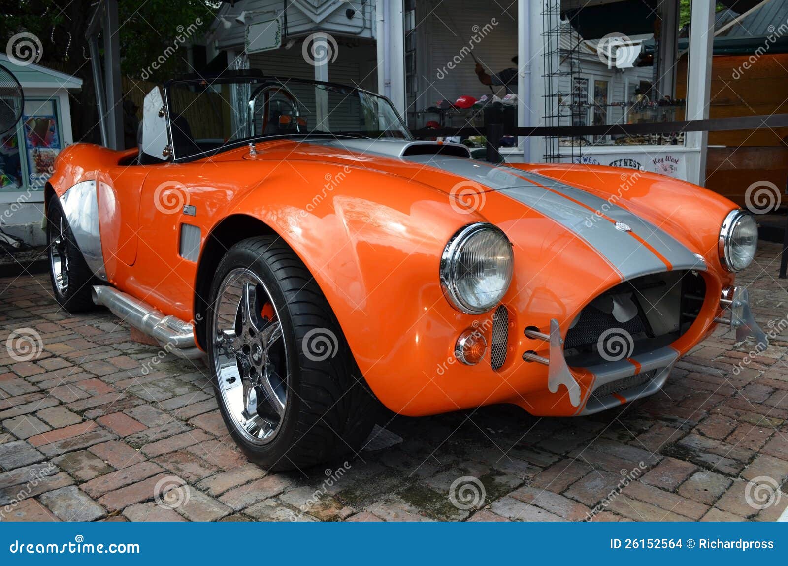 Vintage classic sports car on display in front of a key west shop on 