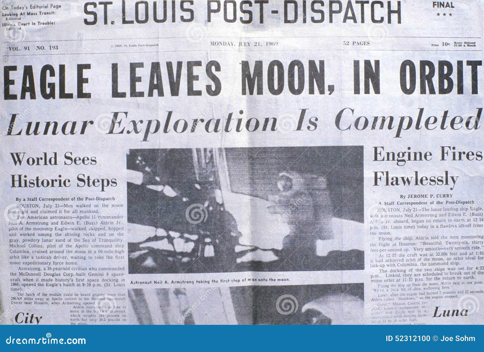 St Louis Post-Dispatch Newspaper Displays Apollo 11 Moon Mission, July 21, 1969 Editorial Image ...