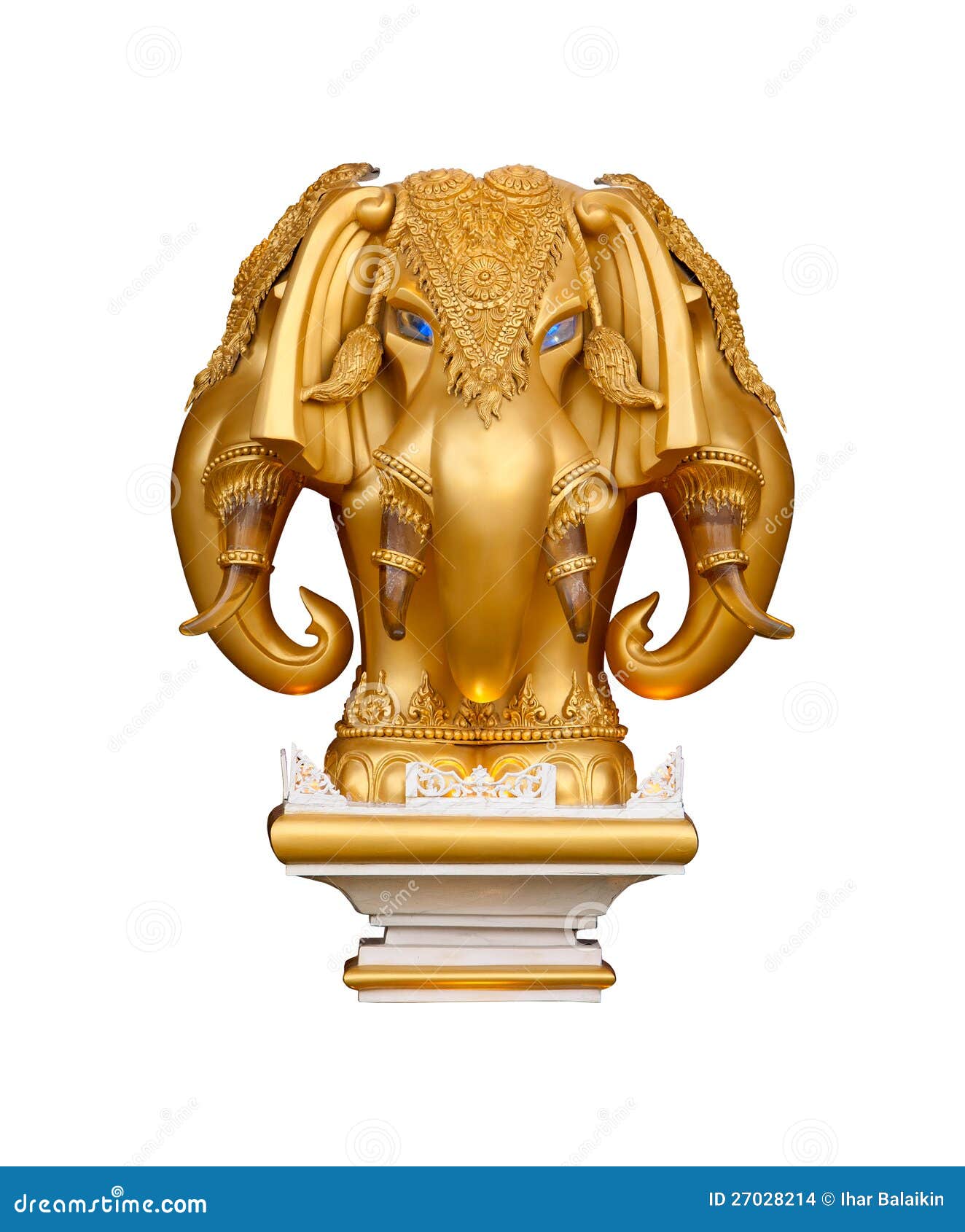 Statue of a gold elephant on a white background.