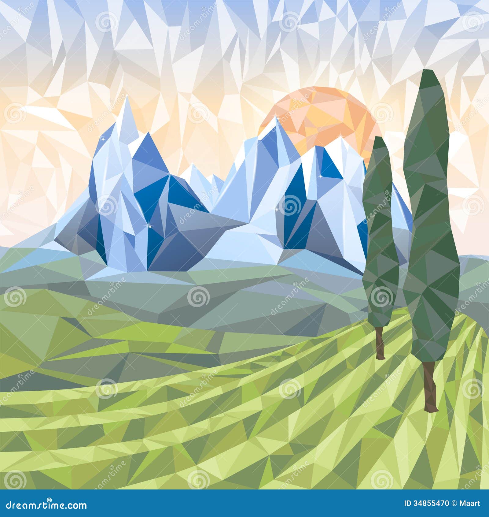 Stylized summer landscape in origami style.