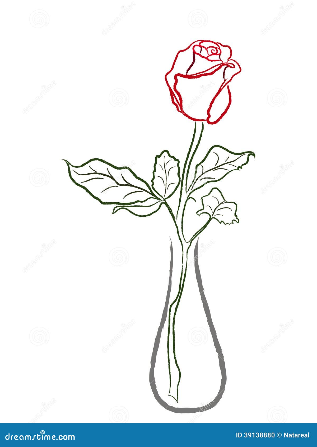 Stylized Red Rose In A Vase Isolated On White Background Hand Drawing