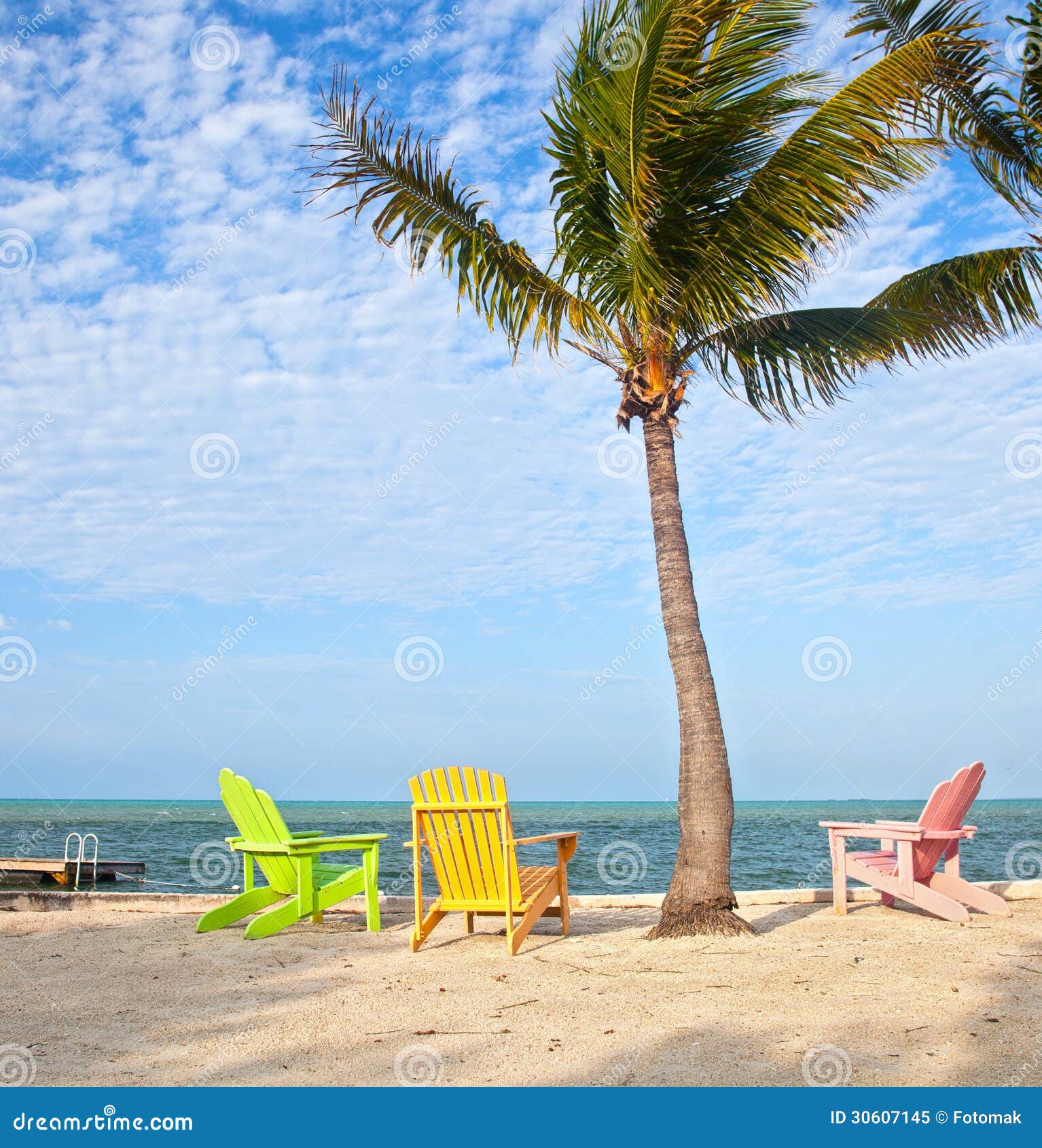 Beach Scene With Palm Tree And Chairs