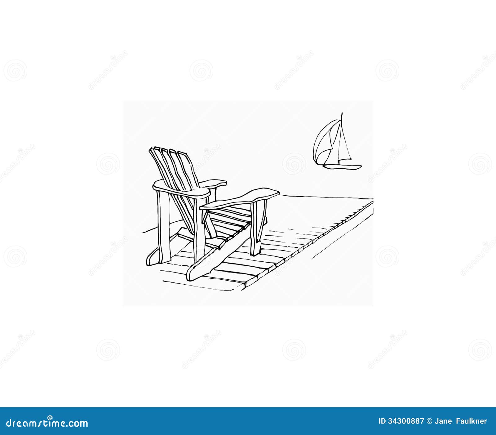 Simple hand drawn sketch of Adirondack chair on dock with sailing boat 