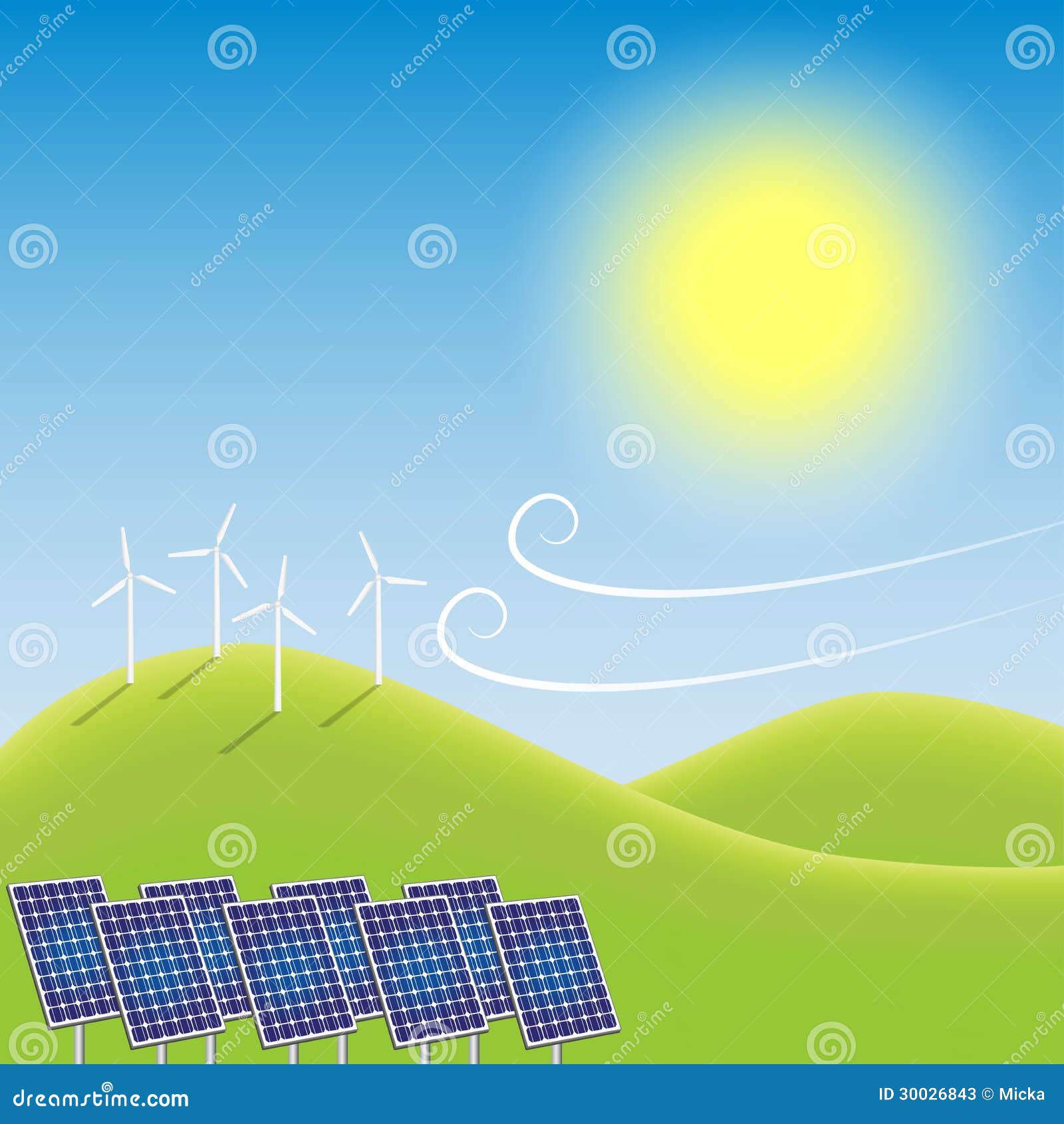  countryside with solar power plant and windmills. Vector illustration