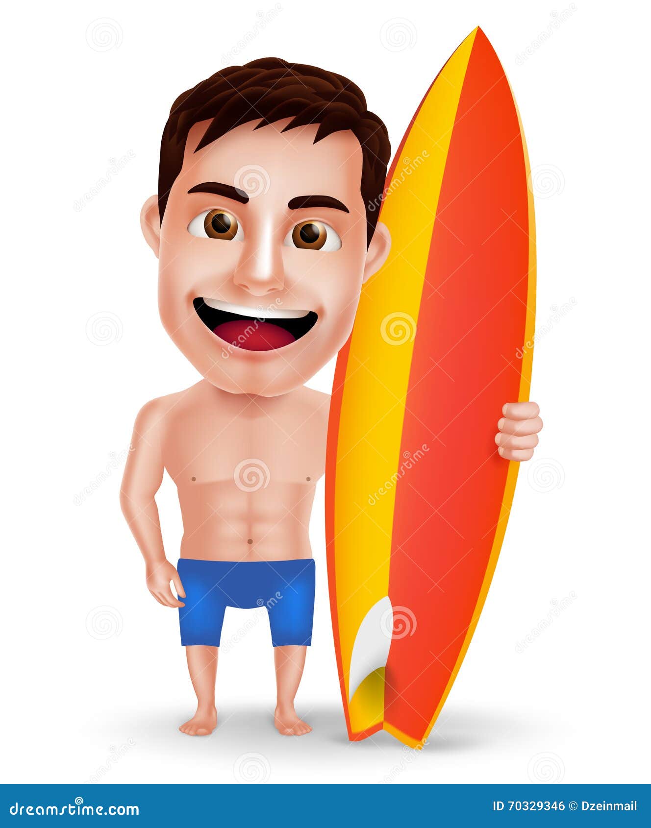 Surfer Man Vector Character With Muscles Holding Surfboard For Summer