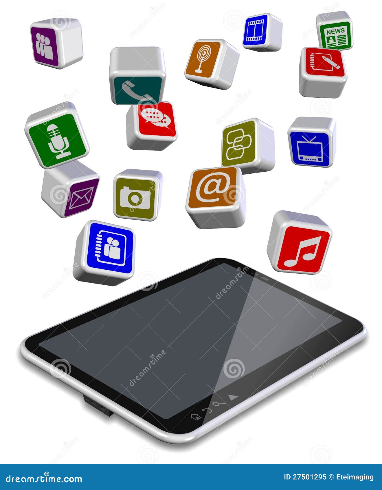 number of different application icons flying above tablet PC.