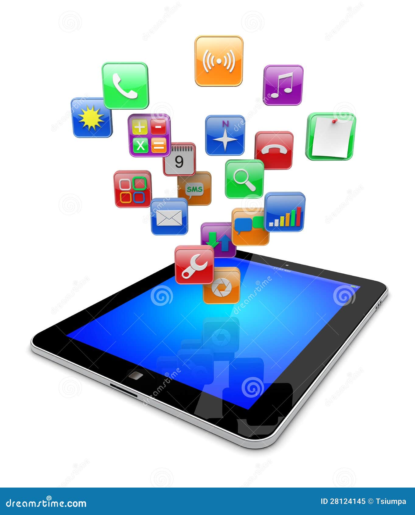 Tablet pc computer with software apps icons . Media technology concept ...