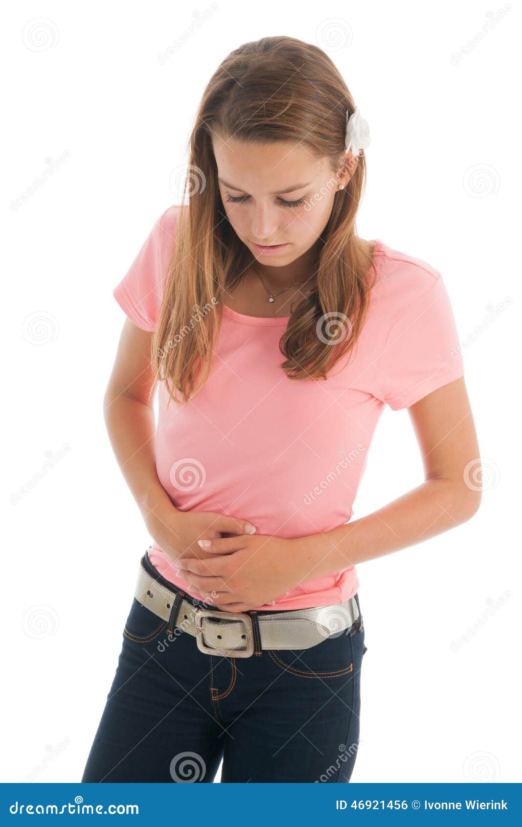 teen girl stomach ache belly isolated over white background 46921456