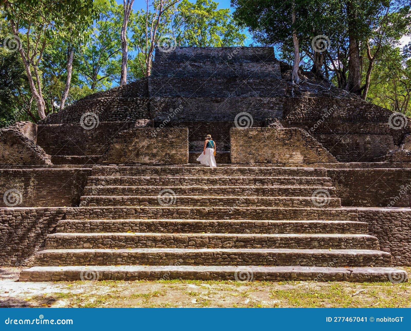Tourist Exploring Cahal Pech Mayan Ruin San Ignacio Belize Stock