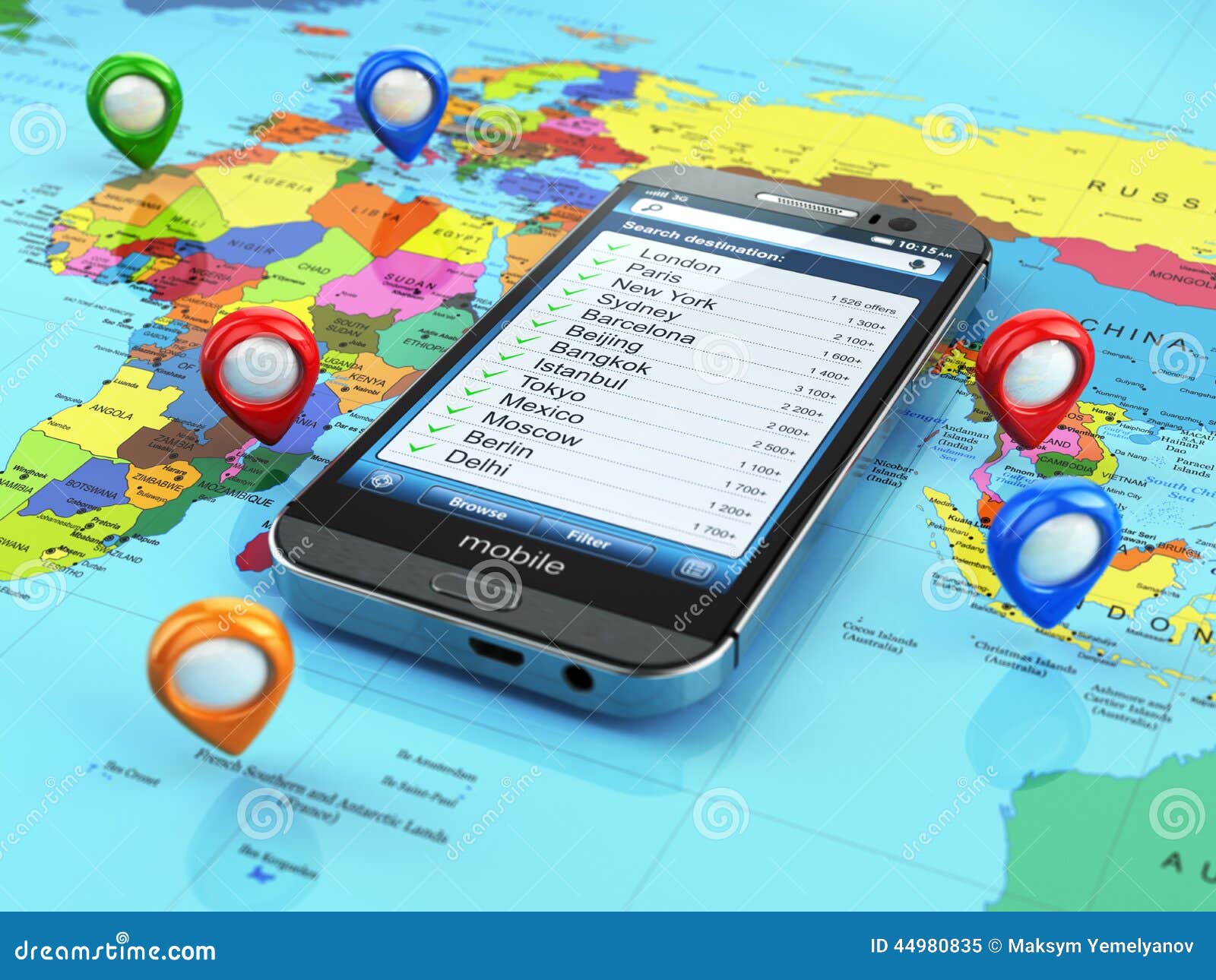 Travel Destination And Tourism Concept. Smartphone On World Map Stock 