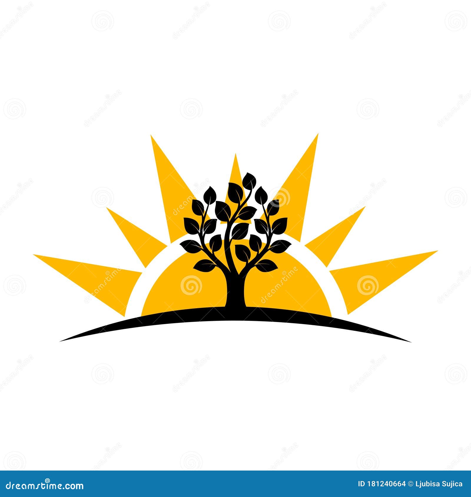Tree Silhouette Icon With Sun Isolated On White Background Stock Vector