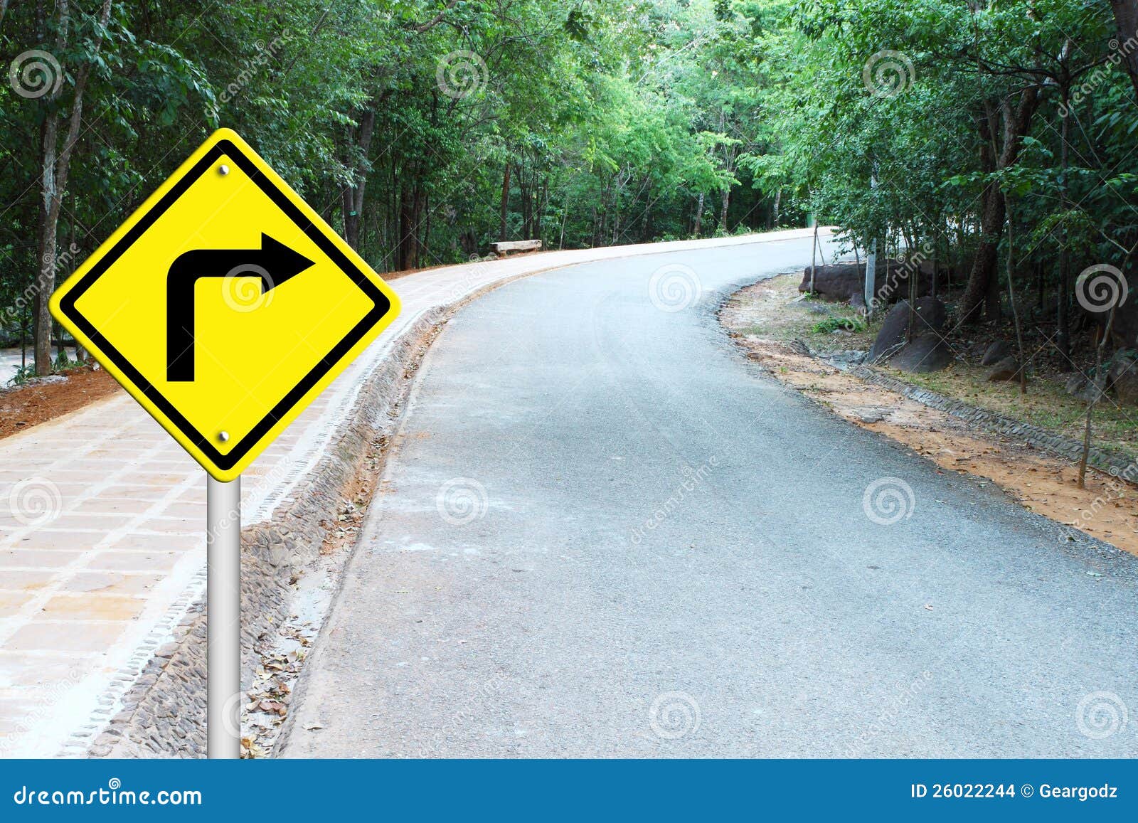 Turn Right Warning Sign On Curve Road Stock Images Image 26022244