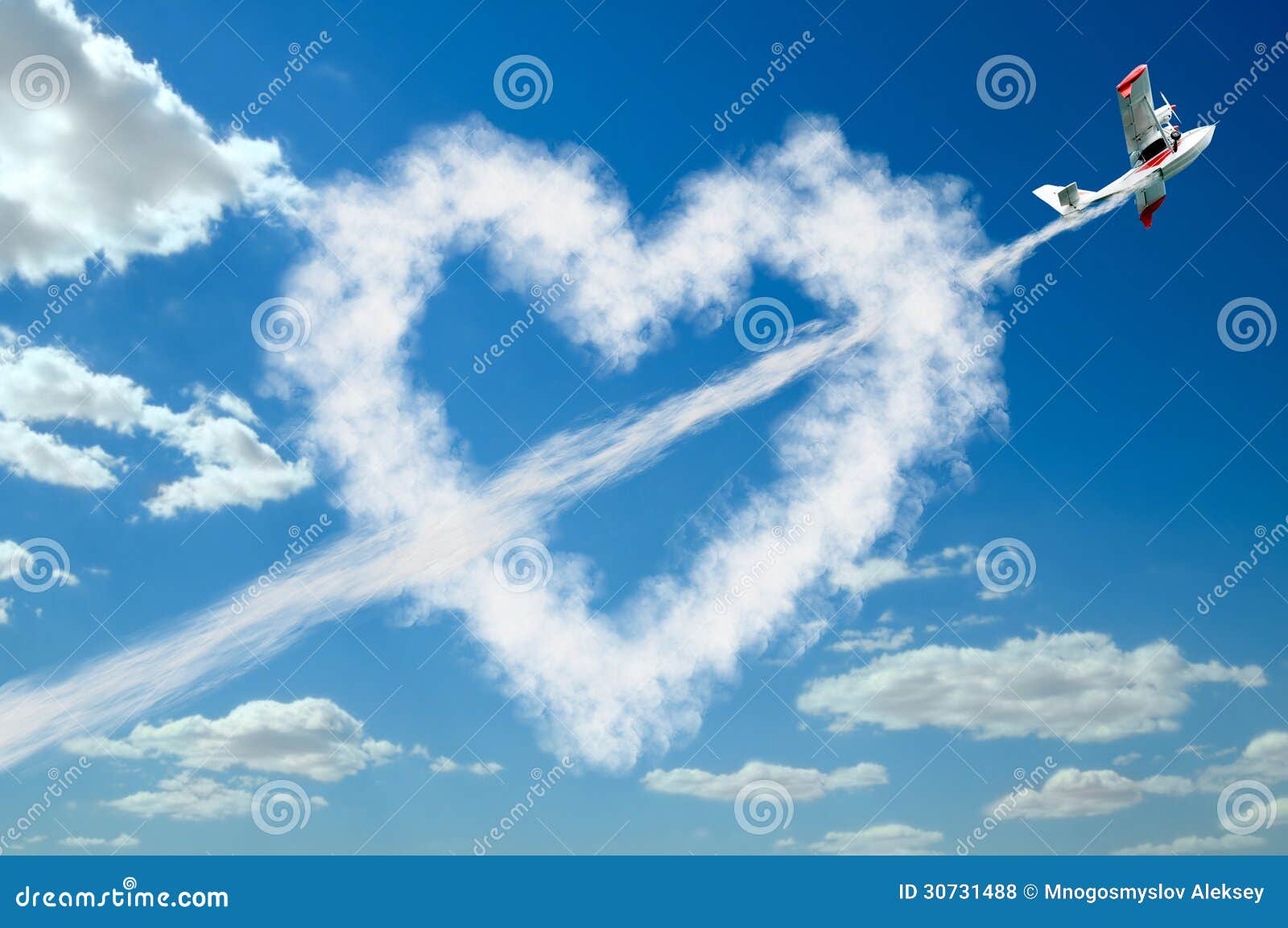 Twin Engine Hydroplane Flight Sky And Draw White Heart Clouds