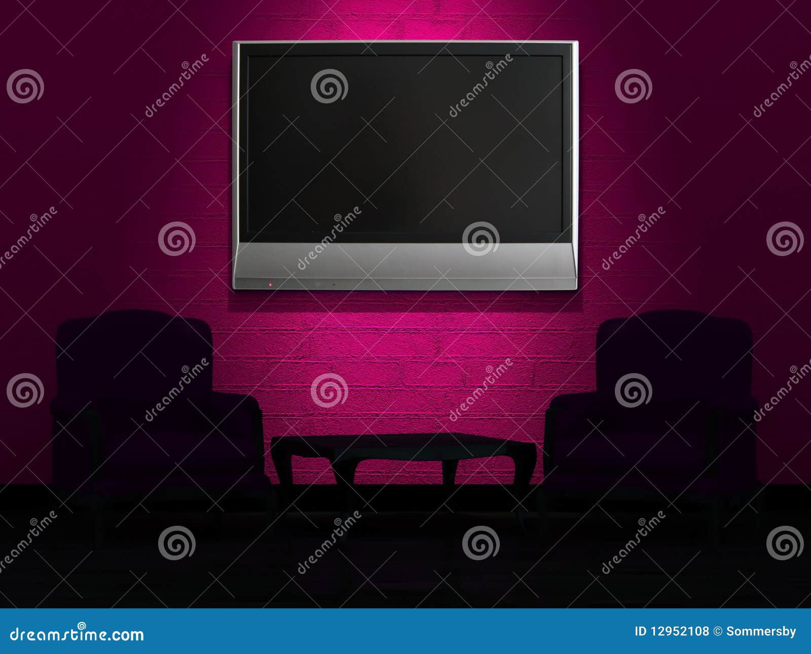  Free Stock Photos: Two chairs and wood table with LCD tv on the wall