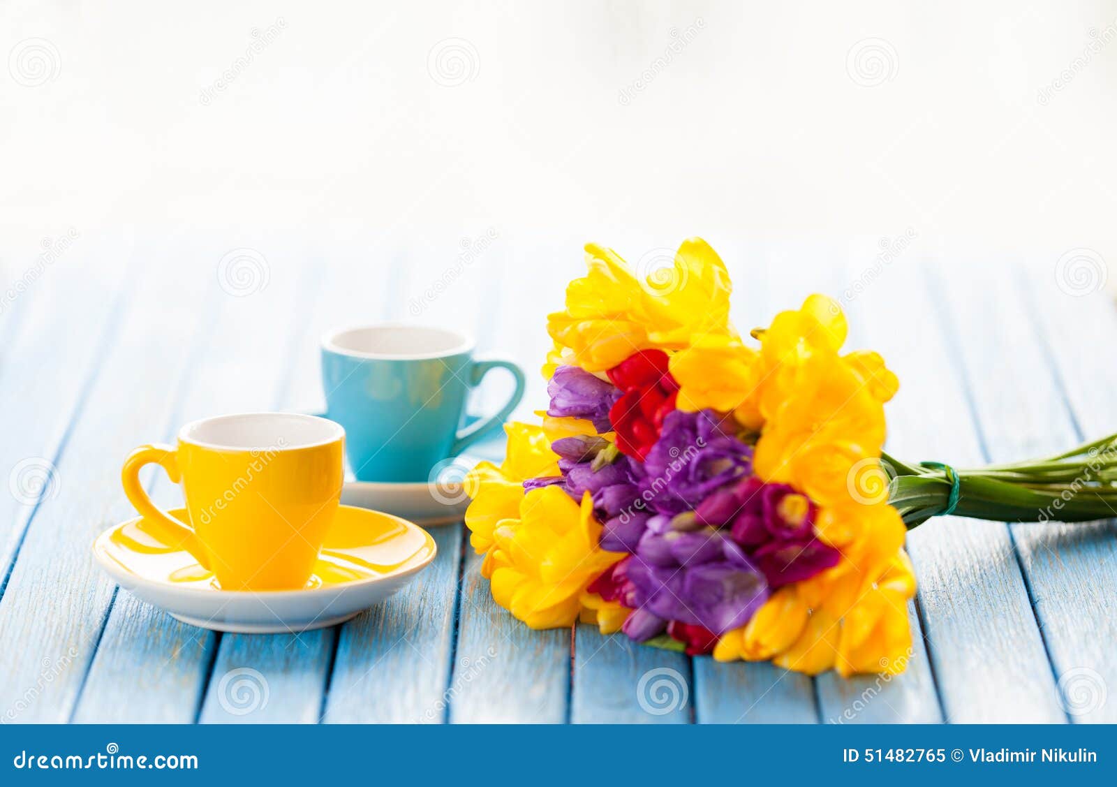 Two Cups Of Coffee And Bouquet Of Flowers Stock Photo - Image