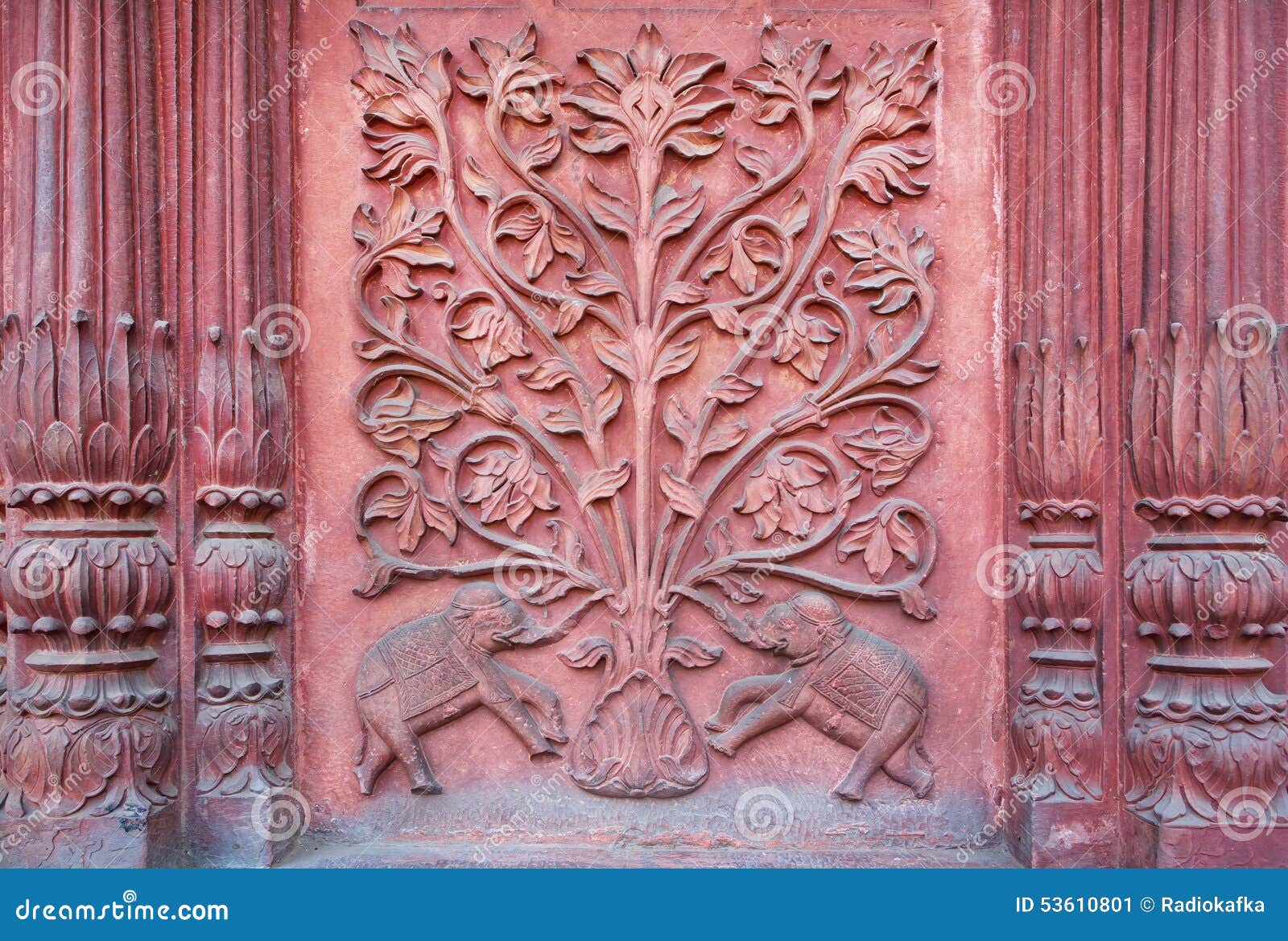 Two Elephant Under A Tree Of Life Bas Relief On The Wall Two Elephant Under A Tree Of Life Bas Relief On The Wall