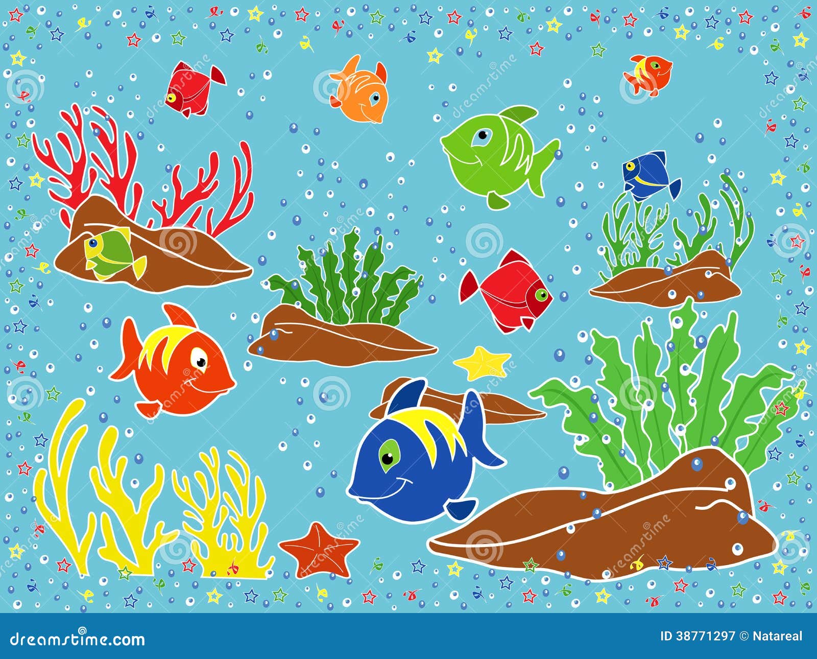 ... starfish and seaweed on the seabed. Hand drawing vector illustration