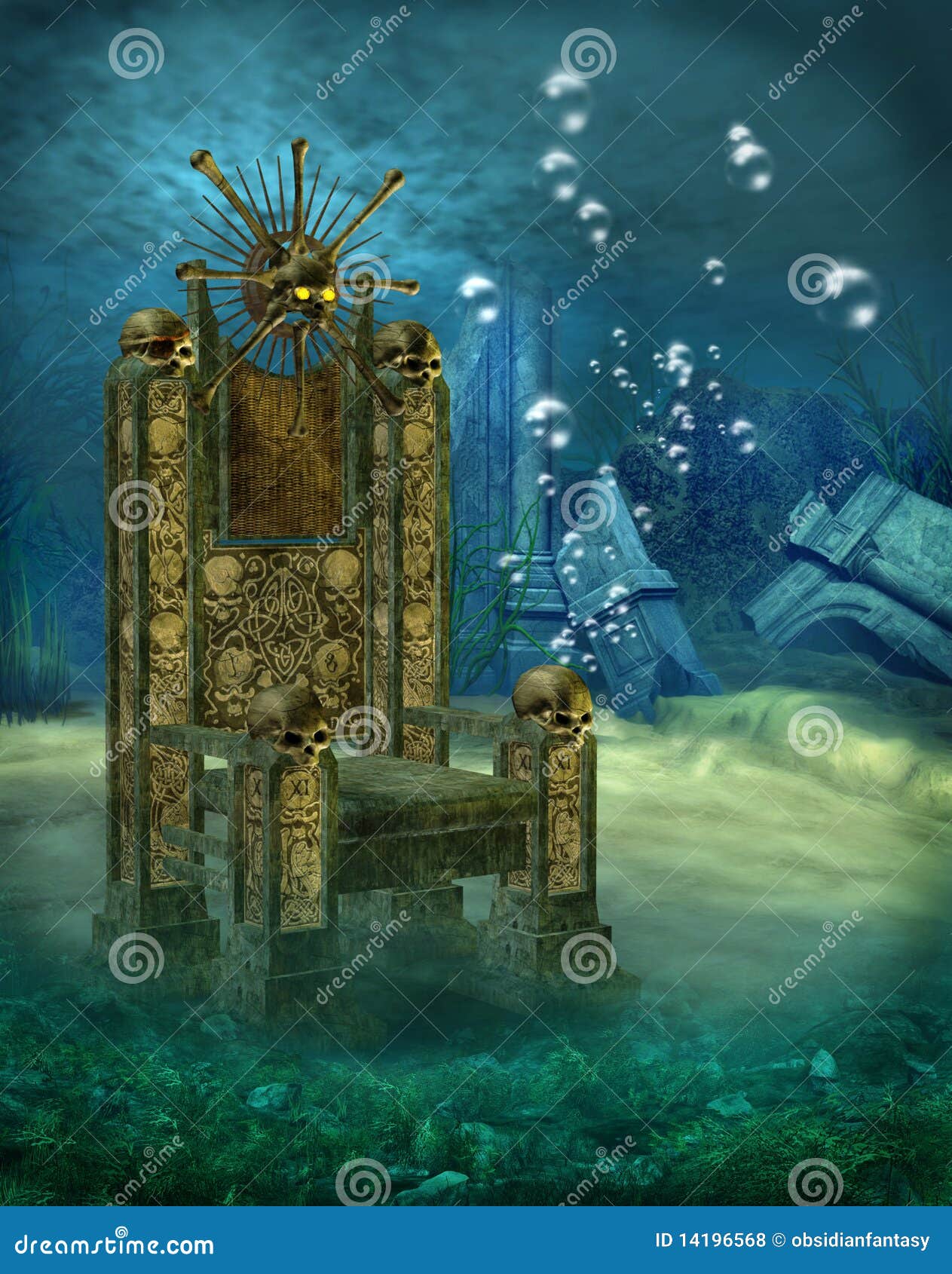 Underwater scenery with golden throne.