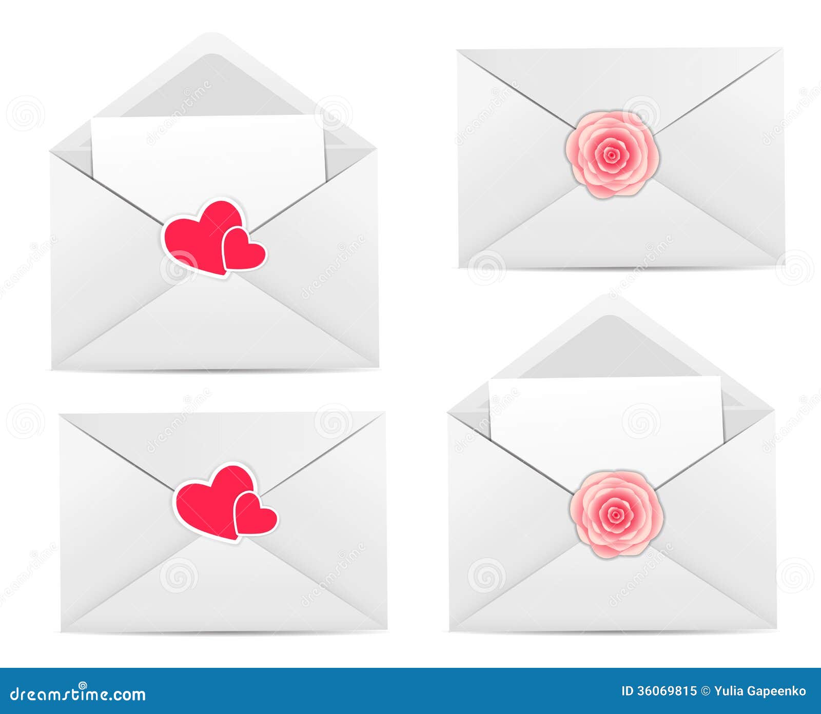Valentine`s Day Card with Envelope, Heart and Rose Flower Vector ...