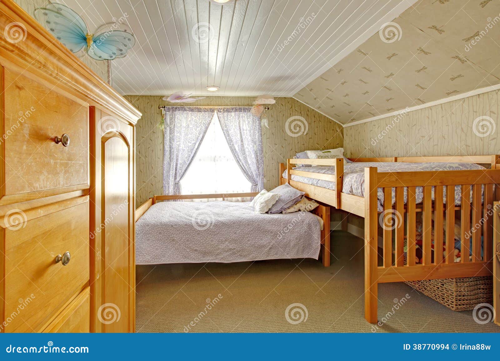 Vaulted Ceiling Bedroom With Low And High Beds Stock Images ...