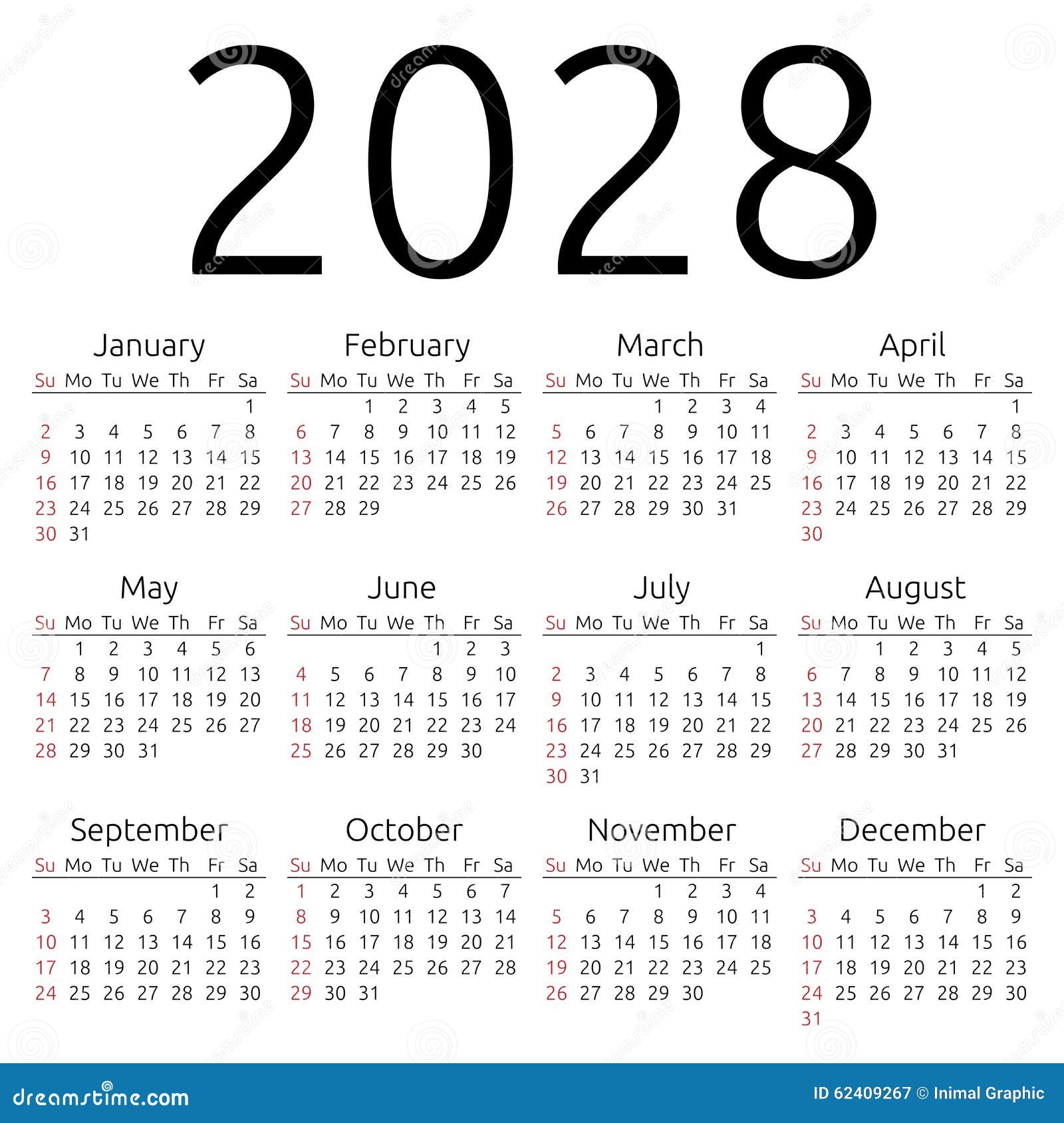 Vector Calendar 2028, Sunday Stock Vector - Image: 62409267