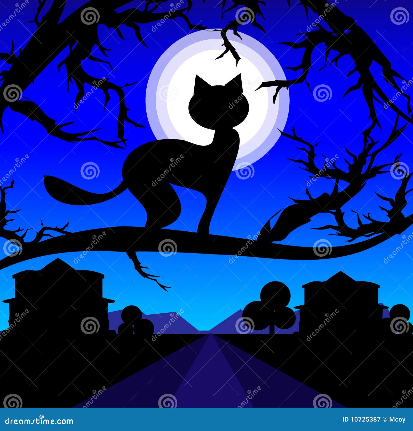 Vector Lonely cat on a tree against the night sky and moon. Loneliness 