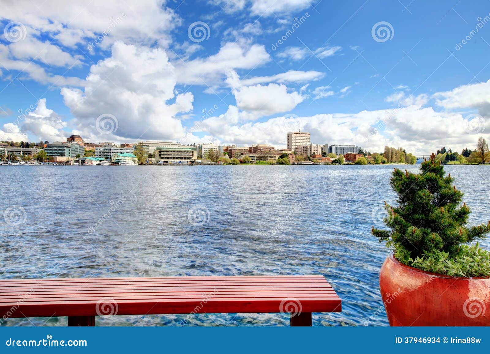  from boat house dock. Wooden bench and red pot with small fir tree