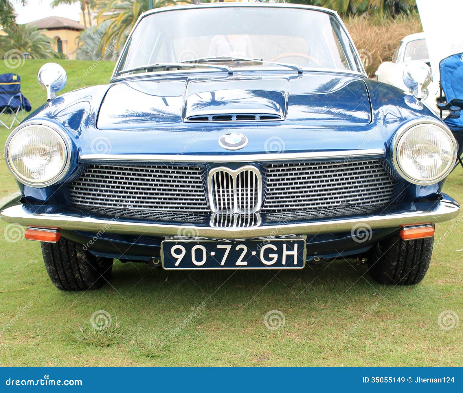 Vintage blue german sports car close up front view. 1967 bmw 1600 gt 