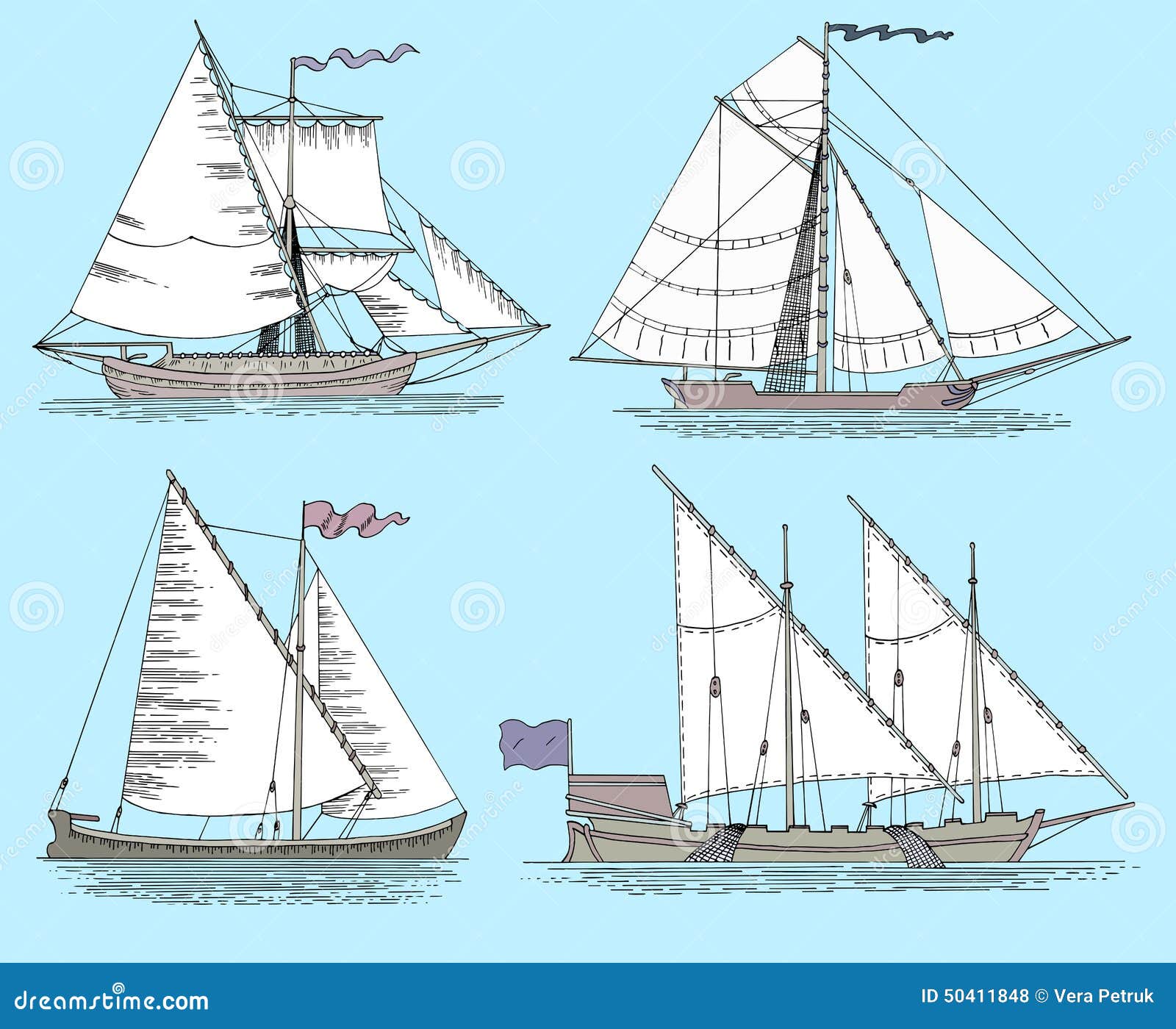 with vintage fishing boats. Hand drawn flat illustration with sailing ...