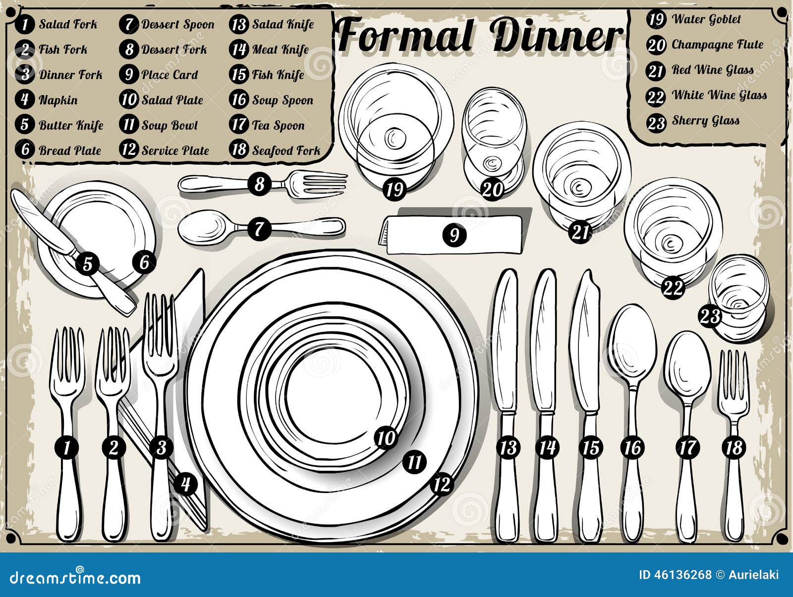 Vintage Hand Drawn Place Setting Formal Dinner Stock Vector - Image 