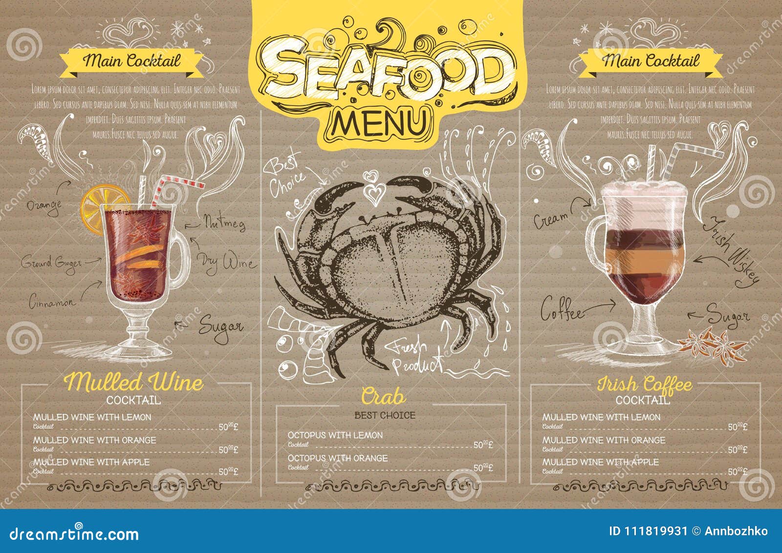 Vintage Seafood Menu Design On Cardboard Stock Vector Illustration