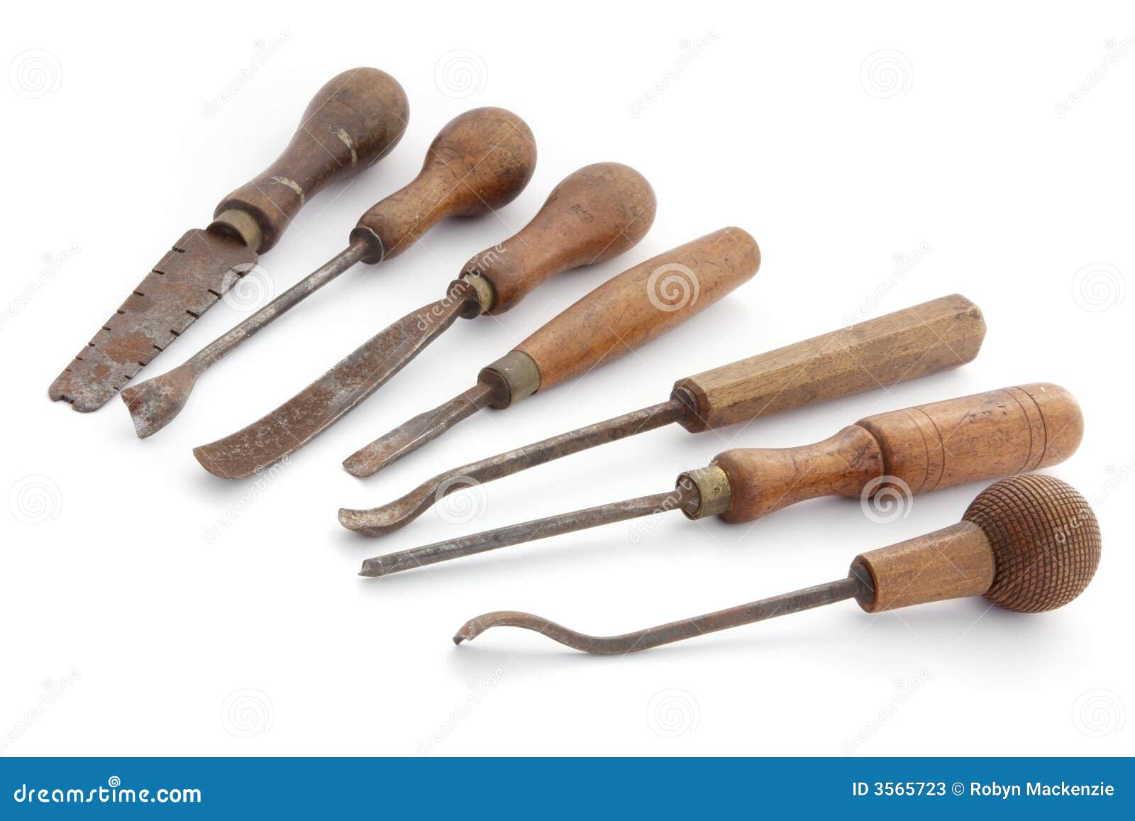 Vintage woodworking tools, isolated on white. Well-used for many years ...