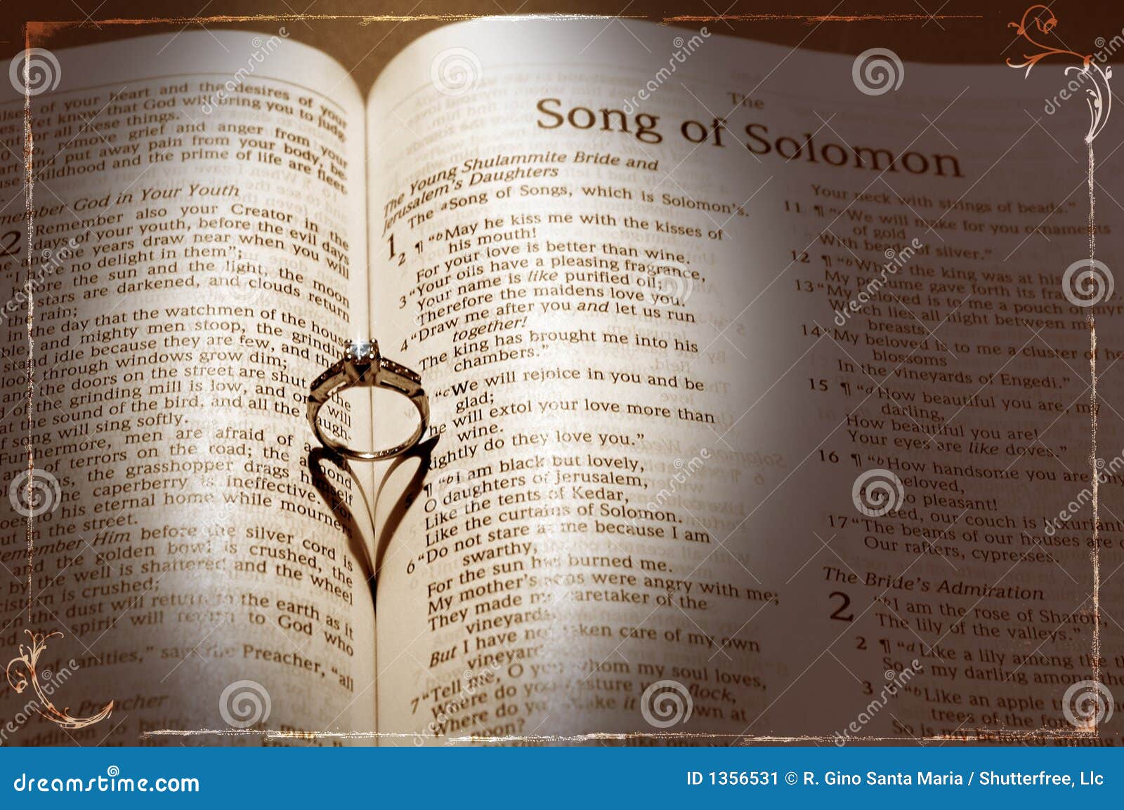 Wedding Ring and heart shaped shadow over a Bible.