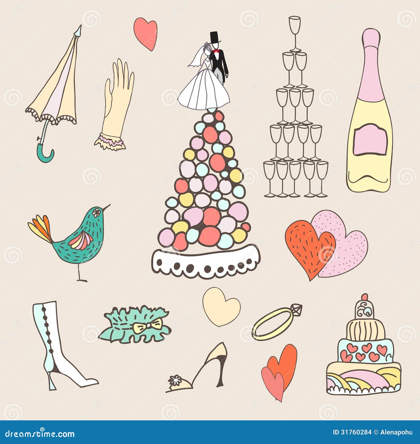 Wedding cute hand drawn doodle icon set, wedding sketchy illustration.