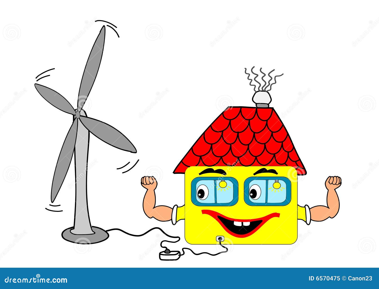 This illustration depicts a funny house connected to the wind turbine.