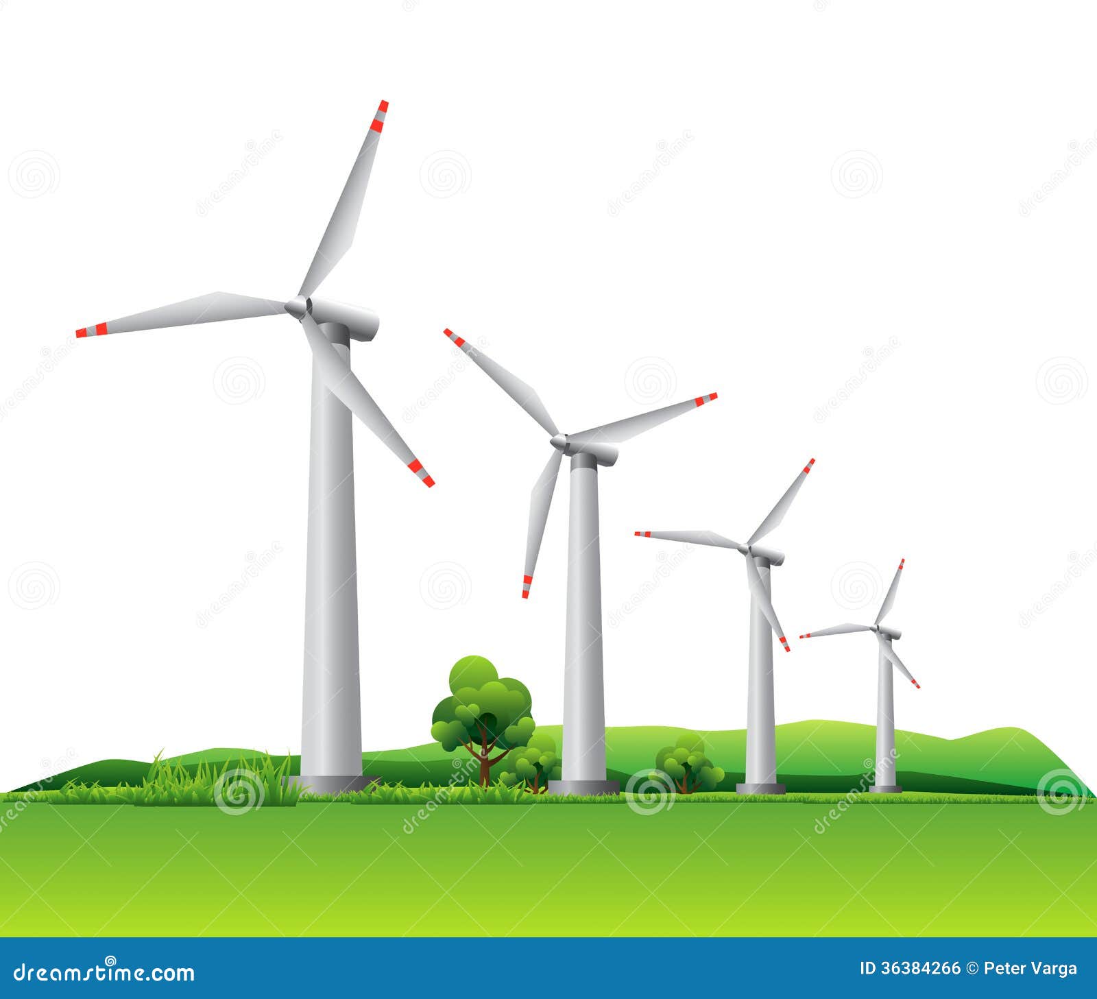 Four wind turbines on a meadow. This illustration is EPS10 vector file 