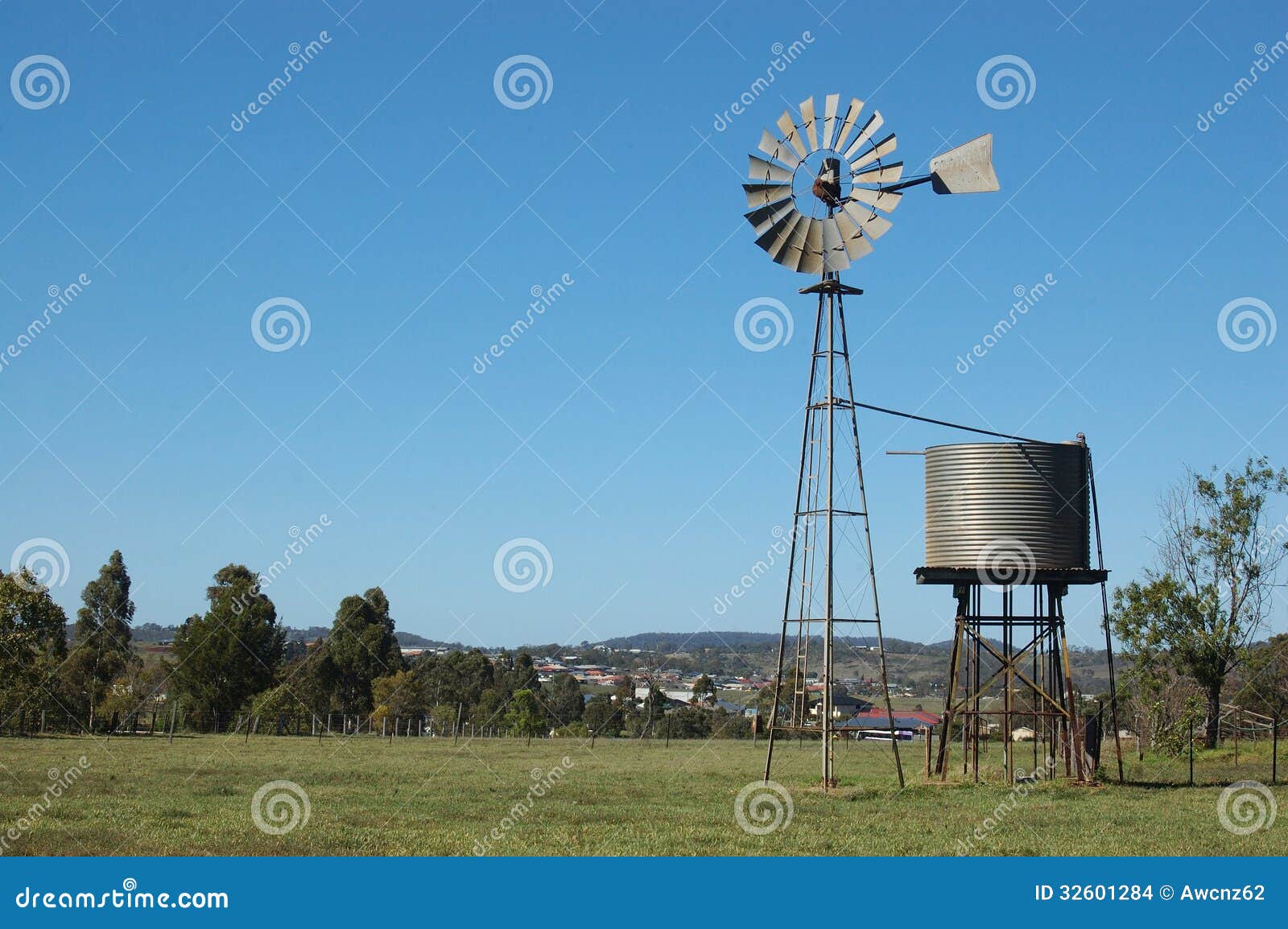 Windmills are commonly used for pumping water from bores or dams to