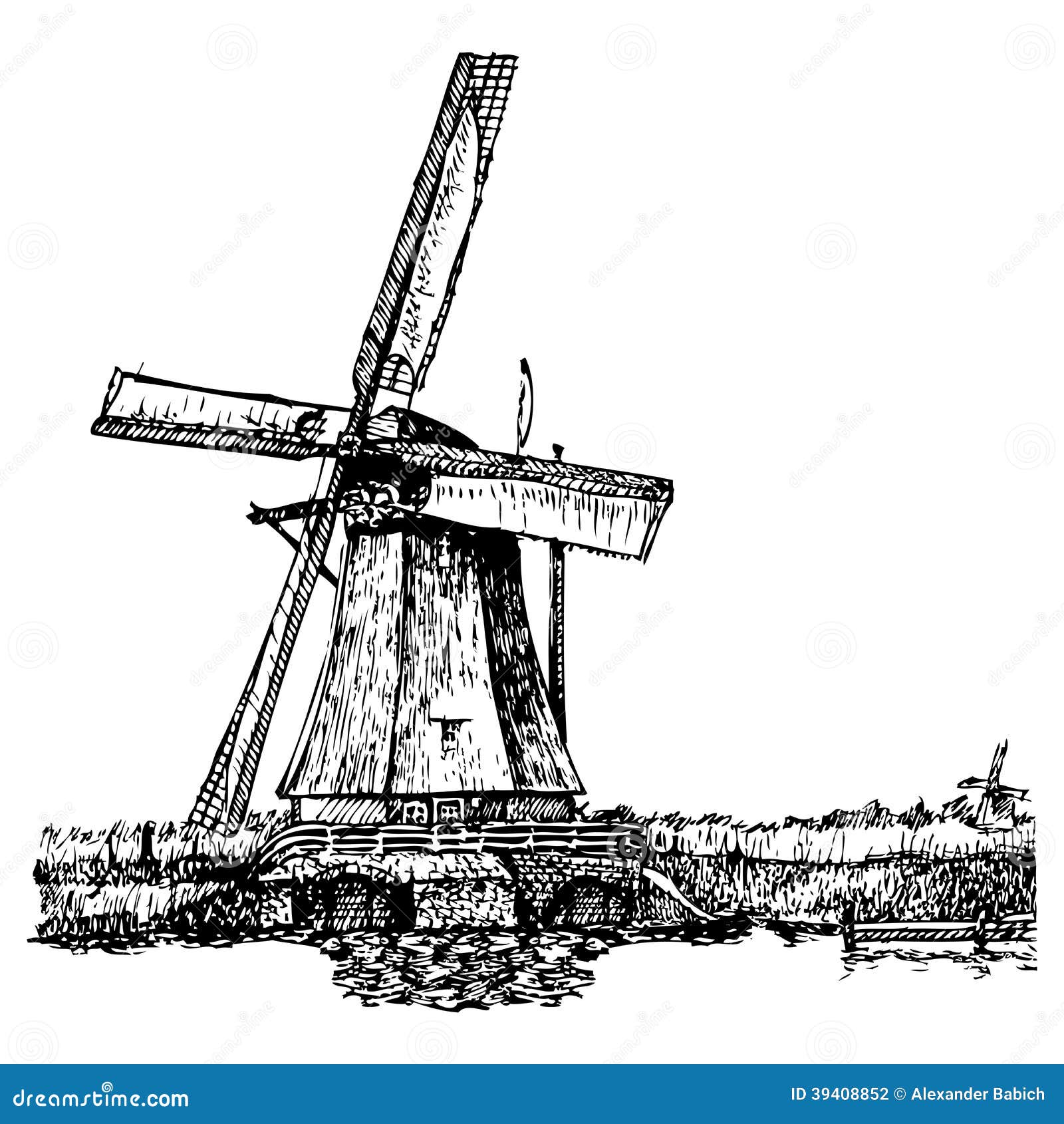Vector illustration of a windmill stylized as engraving. A traditional 