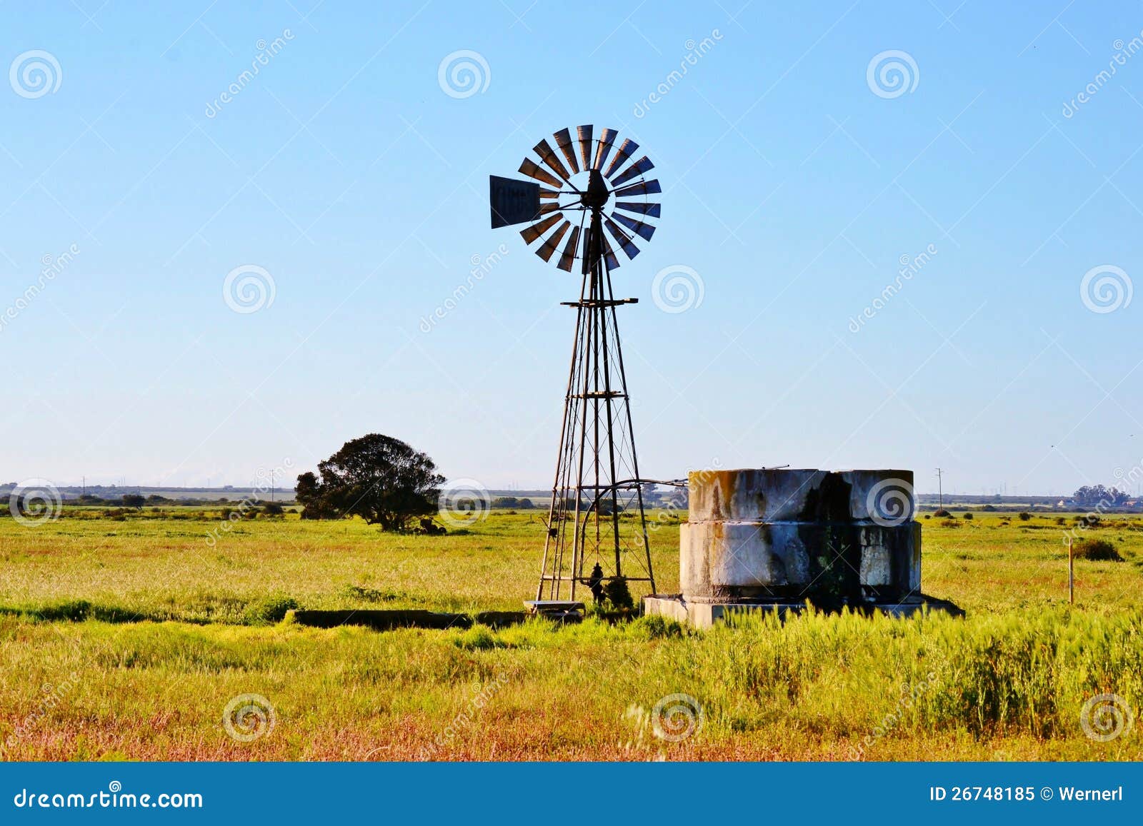 Landscape with windmill water pump on a farm westerncape south africa.