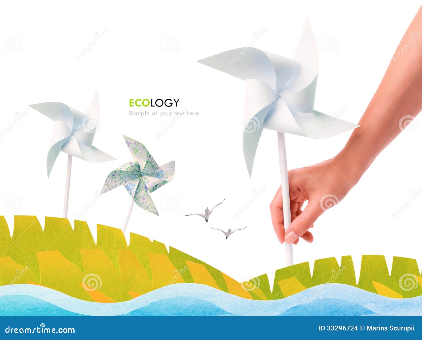 Ecology windmill in the hand landscape on a white background.