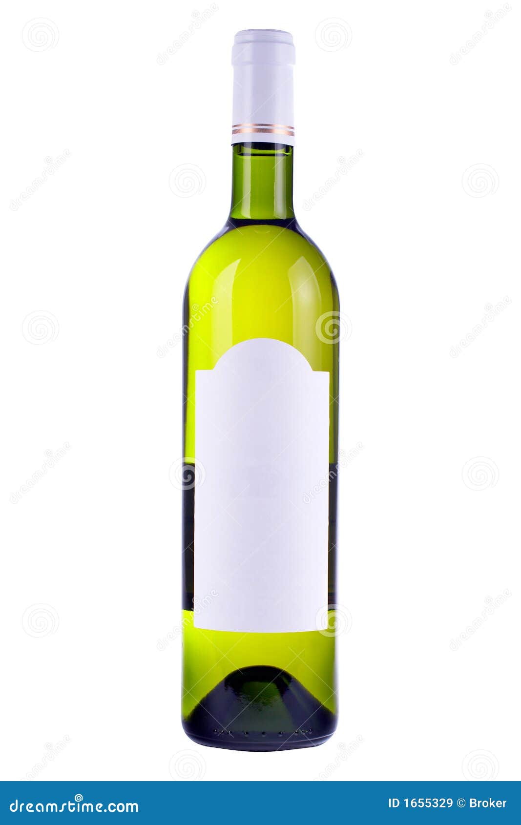 Wine bottle with blank label, isolated on white background.