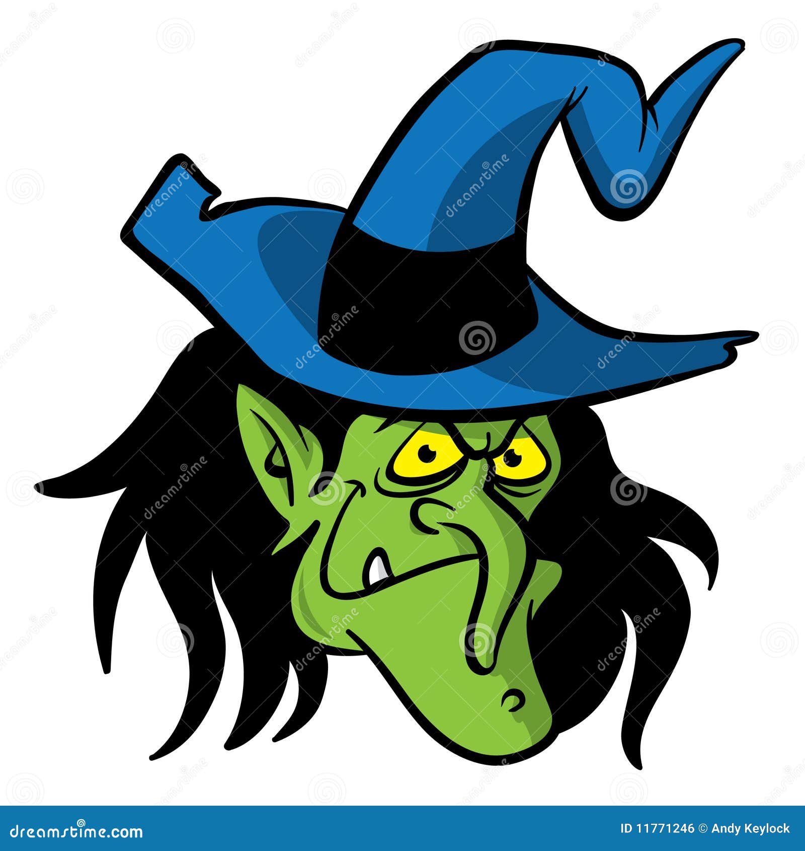 Cartoon illustration of a witch, head only.