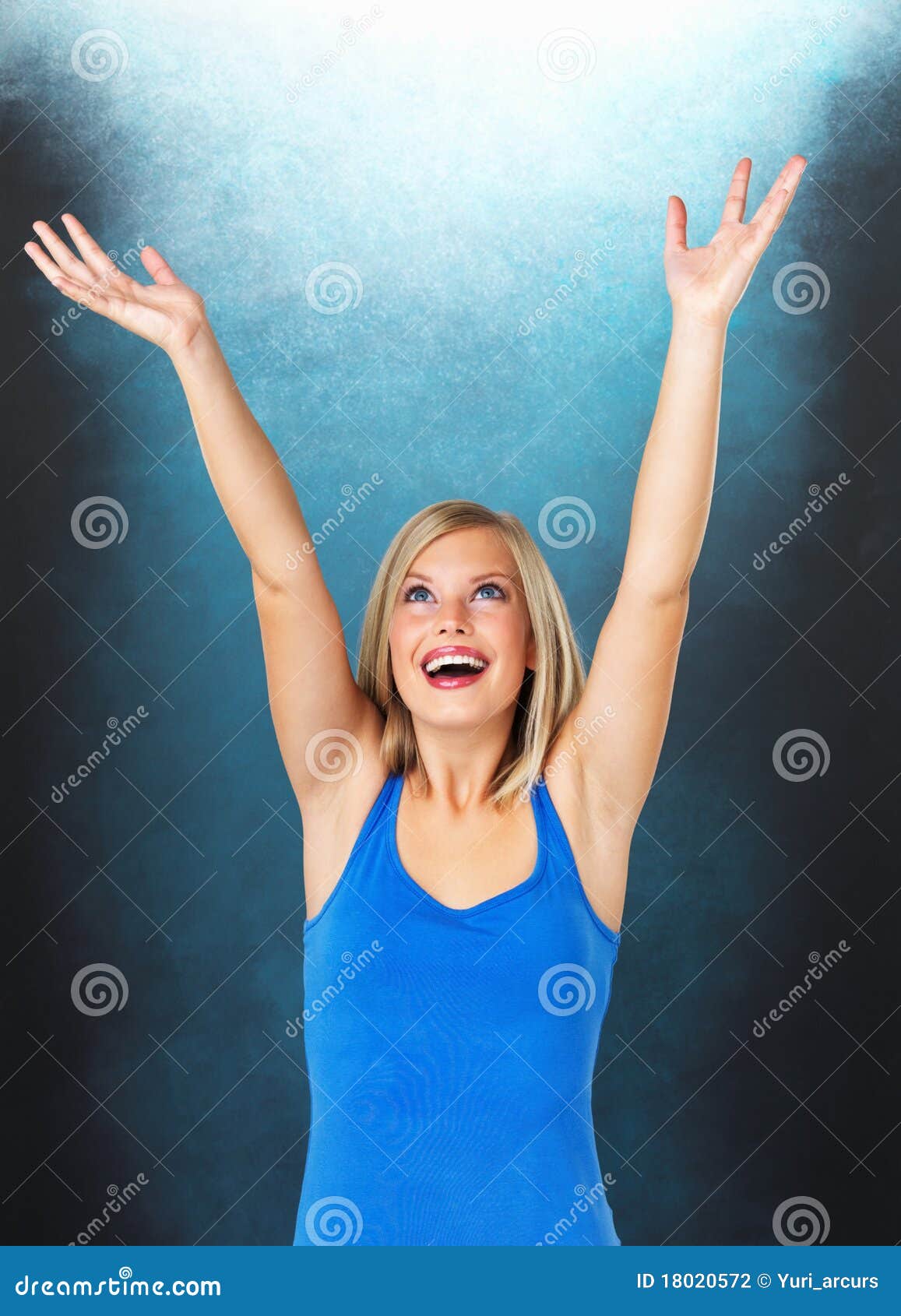 Woman With Arms Raised Stock Photo Image Of Blue Look 18020572