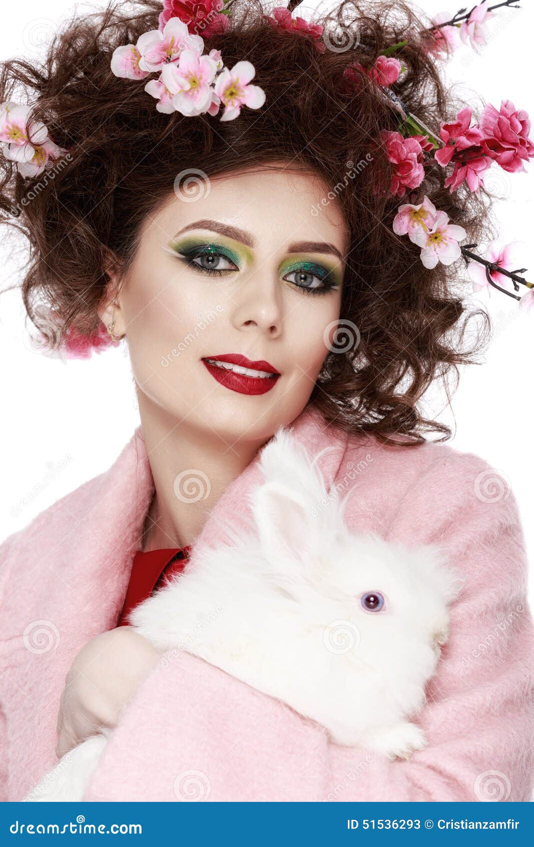 Woman with a bunny, eggs and flowers spring easter concept - woman-bunny-eggs-flowers-spring-easter-concept-isolated-white-51536293