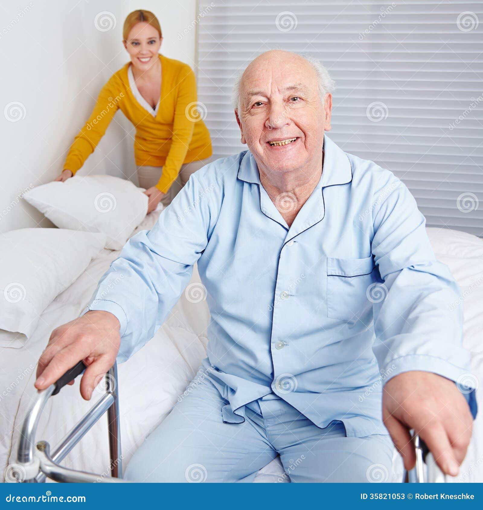 Woman fixing sheets of bed for senior citizen men in the family.