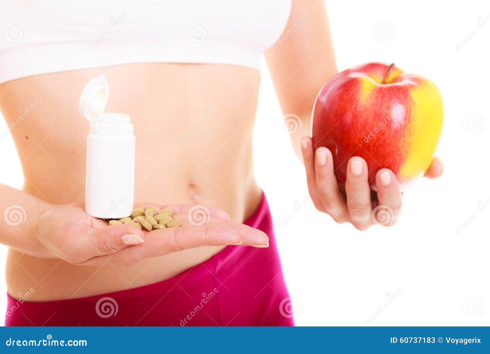 Woman Holding Vitamins And Apple. Health Care. Stock Photo - Image ...