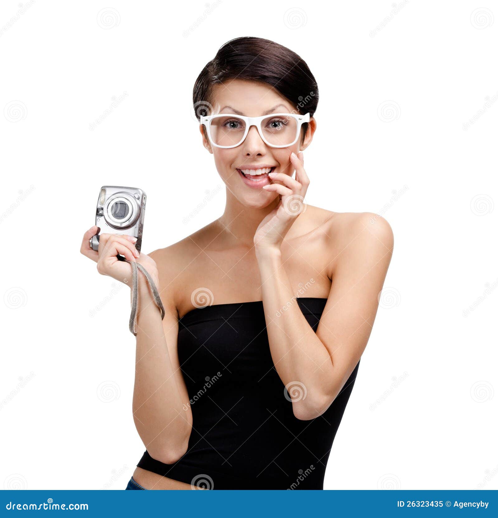 Woman Holds Amateur Hand-held Silver Camera Royalty Free Stock Photo ...