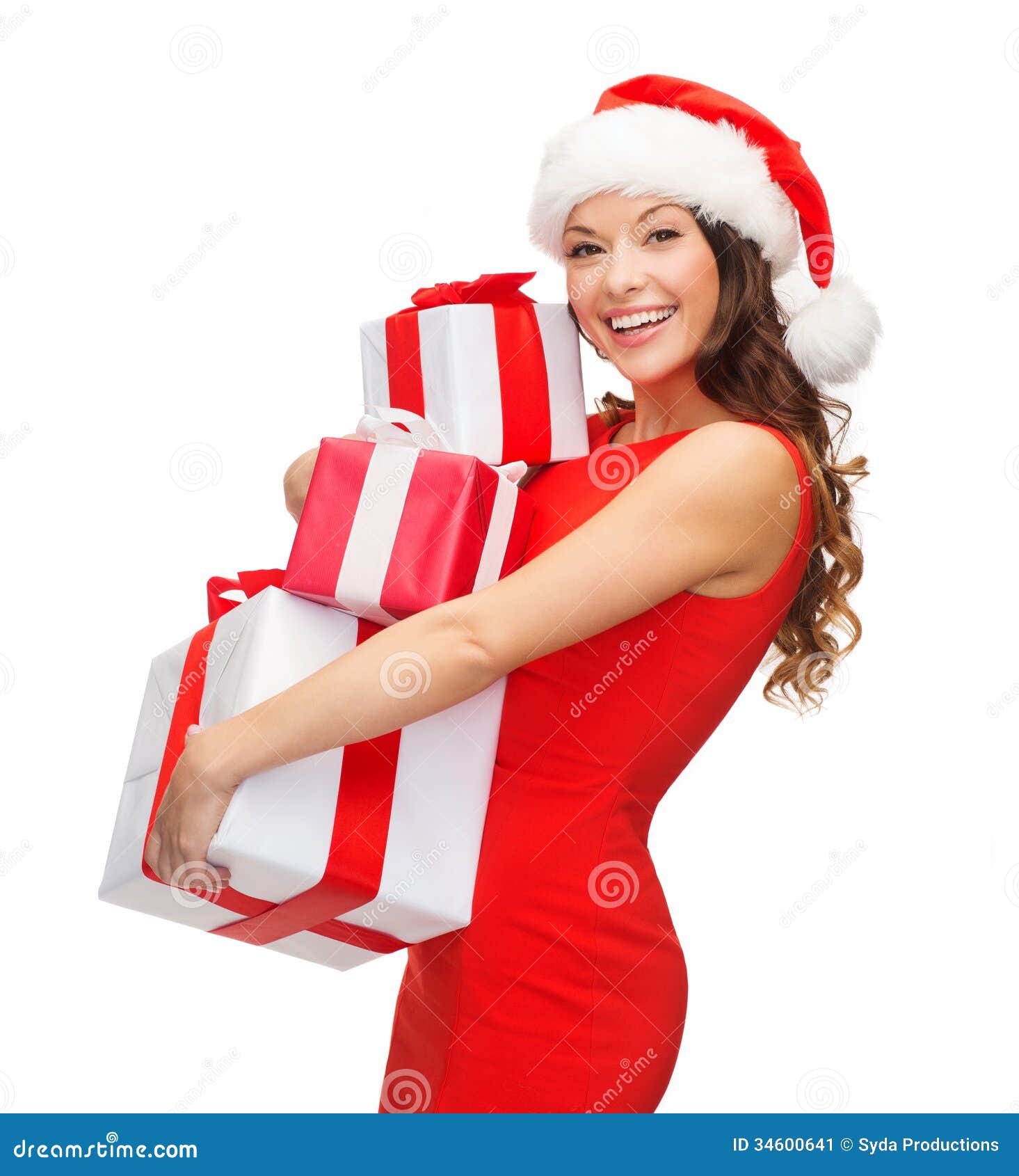 woman in santa helper hat with many gift boxes stock image woman in santa helper hat with many gift boxes stock image