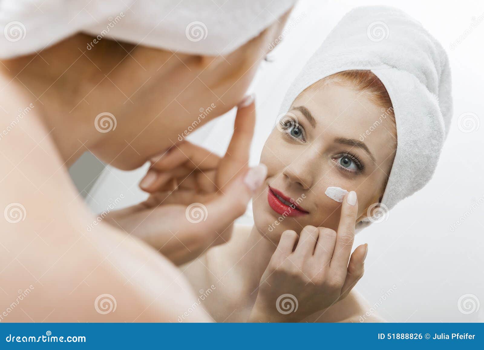 Woman After Shower Applying Cream On Her Face Stock Photo Image 51