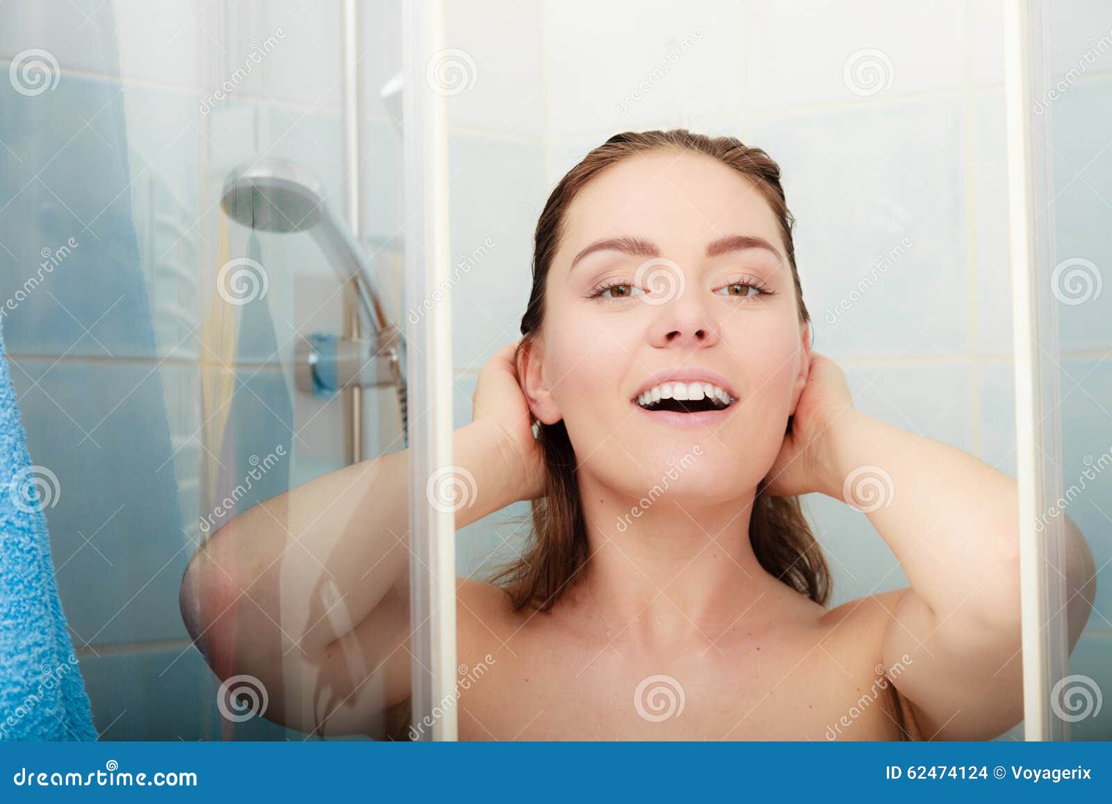 Woman Showering In Shower Cabin Cubicle Stock Photo
